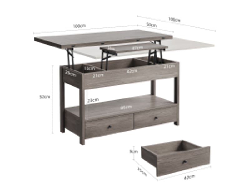  Table basse havenlyhome, table de salon avec plateau relevable pliant, 2 tiroirs, rangement ouvert et compartiment caché, 50 x 100 x 52 à 68 cm, marron rustique  - Conforama C