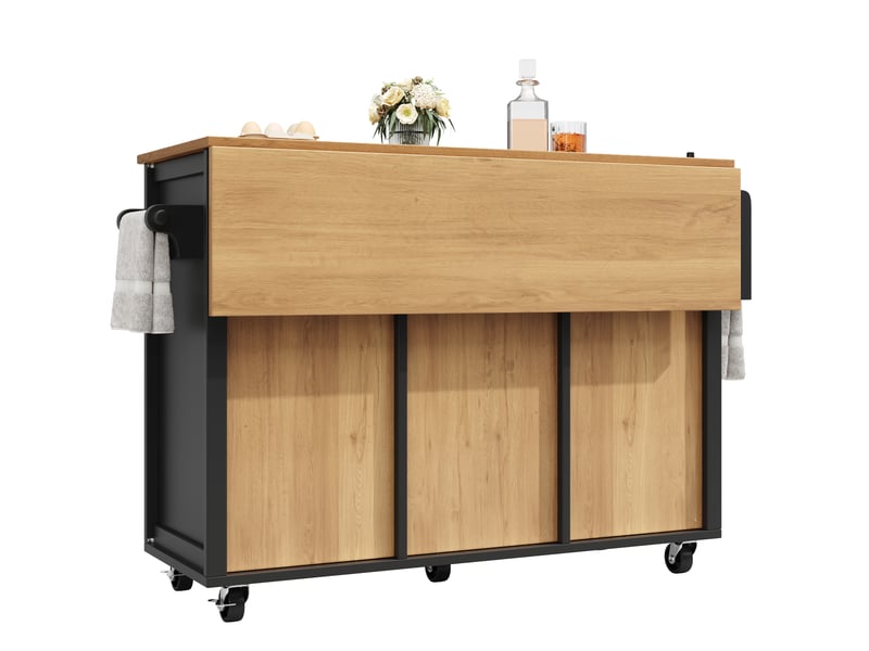  Îlot de cuisine mobile avec plateau pliable, desserte de cuisine à 4 tiroirs et 2 portes vitrées, porte-épices, 137x73cm, noir  - Conforama R