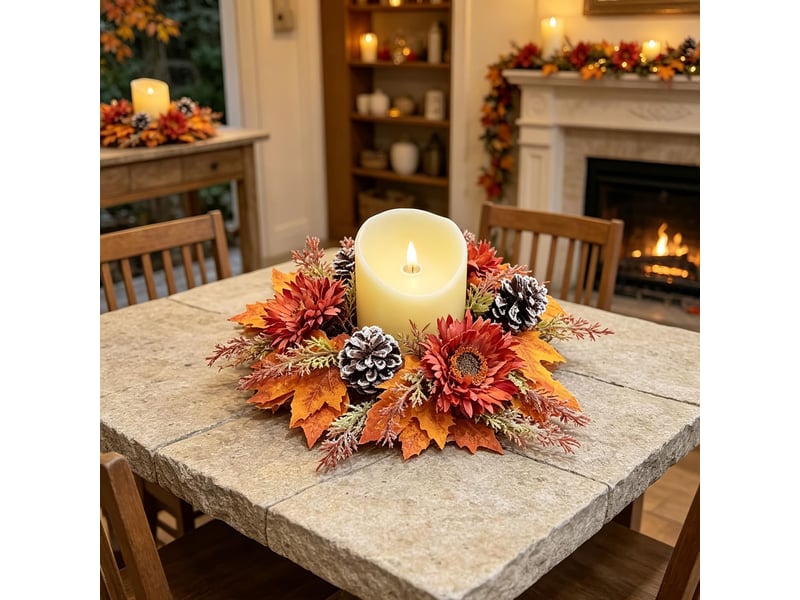  Couronne de bougie décorative feuilles d'érable – décoration automnale pour bougie pilier-style 2  - Conforama C