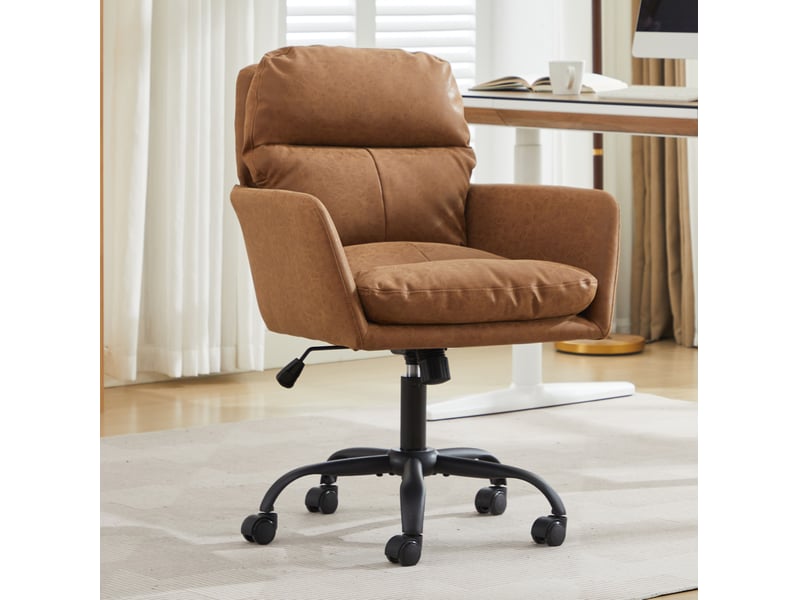  Chaise de bureau réglable en hauteur en cuir régénéré marron, avec accoudoirs et roulettes pour le travail  - Conforama E