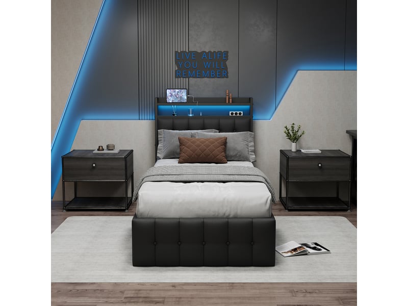 Lit coffre 90 x 200 cm ,lit simple rembourré,hydraulique,led,usb et de type c,tête de lit avec rangement,pu,noir - Conforama D