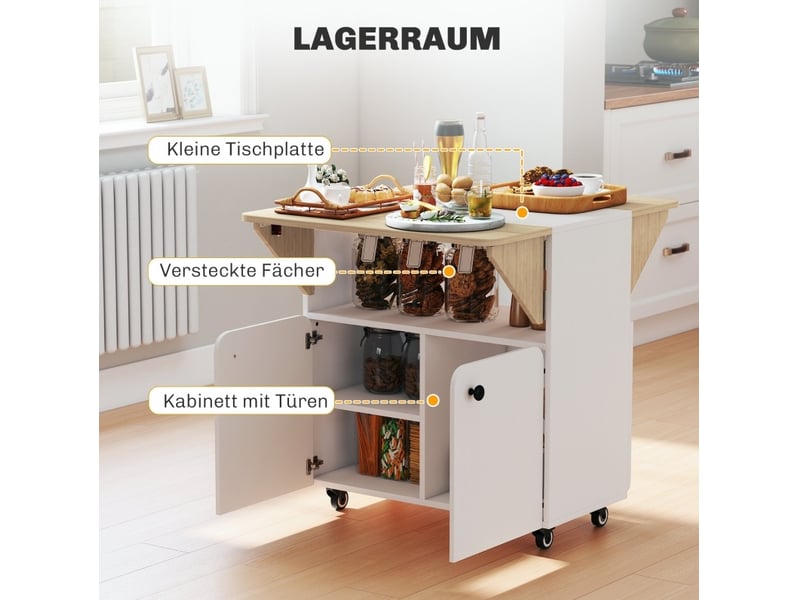 Table pliante desserte 70 x 83 x 75 cm – blanc et bois clair – rangement mobile avec plateaux rabattables - Conforama E