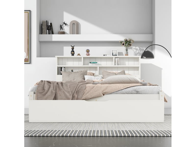 Lit double lit 140x200 cm avec 1 tiroir roulante et bibliothèque de rangement, lit adolescent et adulte, blanc - Conforama D