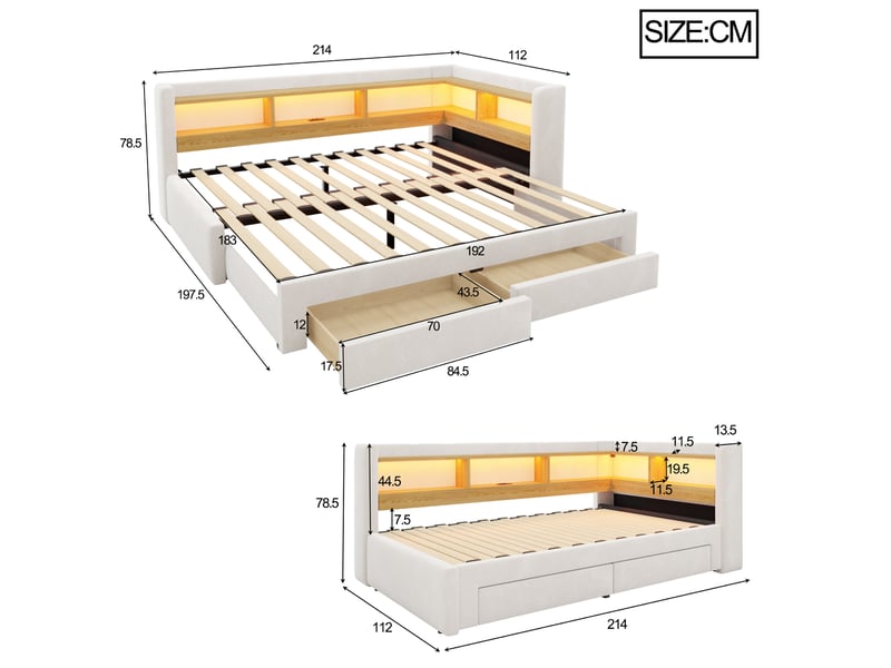  Lit gigogne 90x200 cm extensible avec led et prise en mdf et métal couleur beige sans matelas, design moderne  - Conforama C