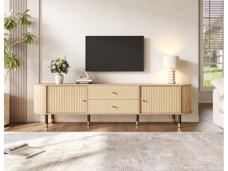  Meuble tv 180 cm pour écran 75 pouces, 2 tiroirs, 2 portes coulissantes, bois naturel  - Conforama C