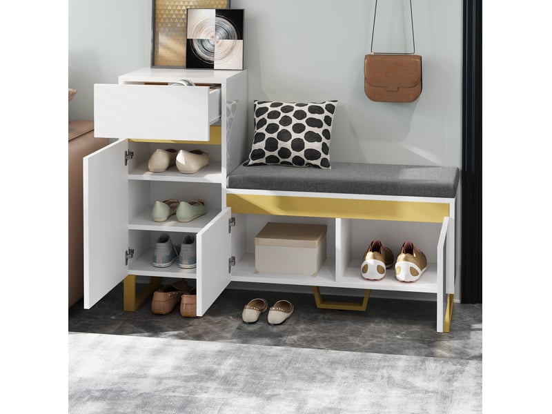  Meuble à chaussures 120x35x85 cm blanc avec banc, tiroir et rangements  - Conforama D