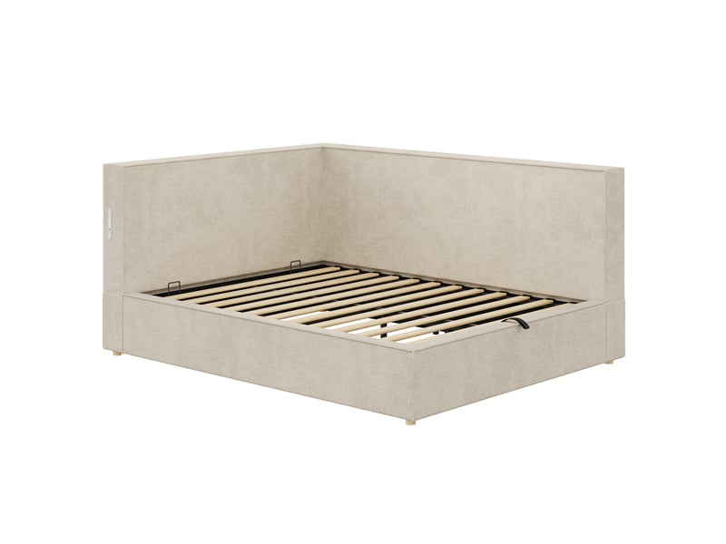  Lit banquette 140x190 cm, lit coffre avec rangement, led et usbtype-c, chenille beige, sans matelas  - Conforama E