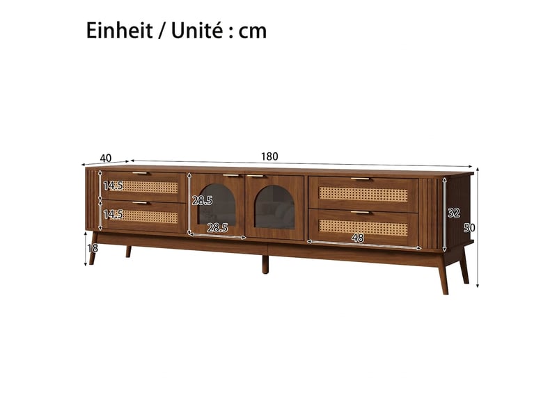 Meuble tv noyer 180 cm avec led, 4 tiroirs et portes en verre trempé, noyer - Conforama D