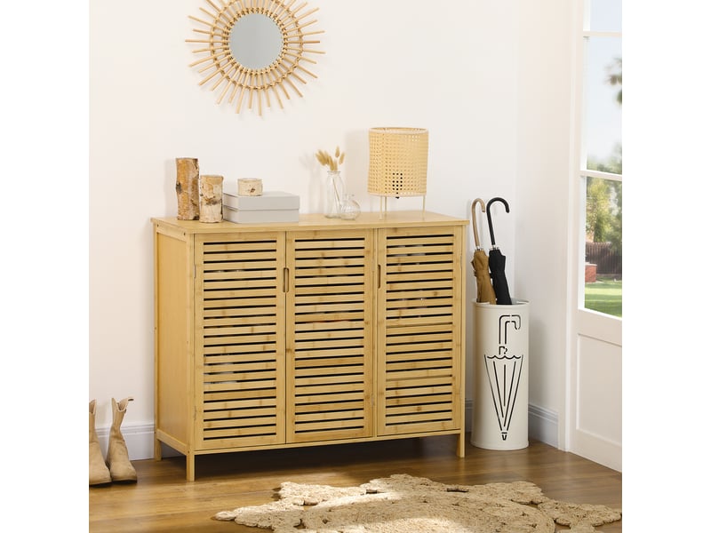  Meuble à chaussures en bambou naturel à 3 portes, étagères réglables pour 16 paires de chaussures, anti-basculement, 100 x 35 x 80 cm  - Conforama B