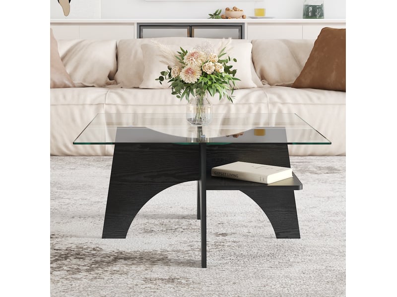  Table basse carrée avec plateau en verre de sécurité et étagère ouverte, structure en mdf noir 80 × 80 × 40 cm  - Conforama D