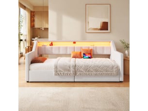 Lit gigogne 90x200 avec tiroirs usb led en lin beige cravdom