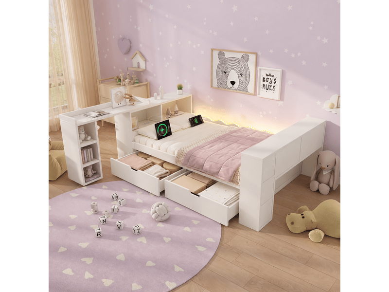  Lit banquette enfant 90 x 200 cm avec 2 tiroirs, bureau intégré, tête de lit avec rangements, éclairage led et usb-c, bois, blanc Morn Vibe - Conforama D
