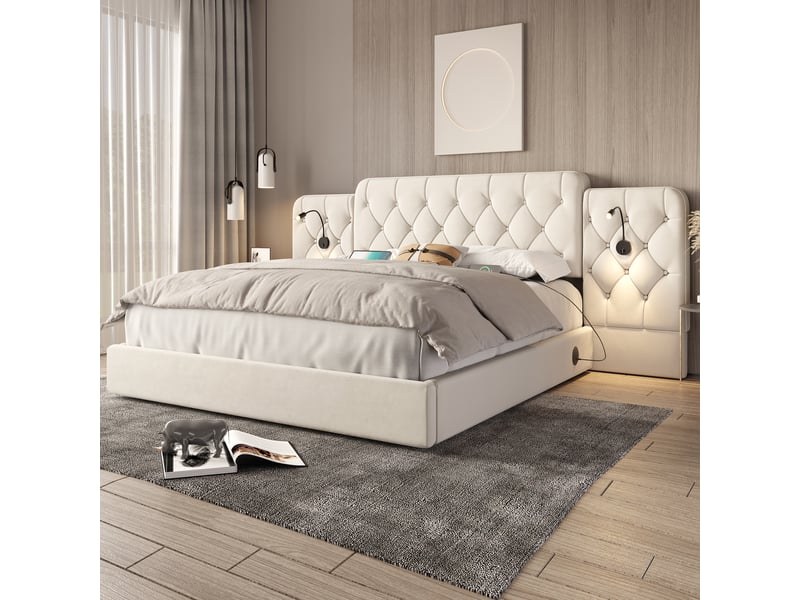  Lit coffre 160 x 200 cm, cadre de lit, velours, plusieurs ports usb, lampe de bureau, beige  - Conforama C