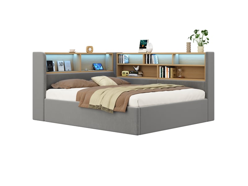  Lit avec rangement 140 x 190 cm gris en velours avec led, usb et type-c  - Conforama A