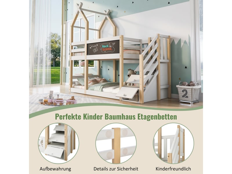  Lit superposé enfant 90x200, lit cabane avec tableau noir et barrière de sécurité, naturel et blanc  - Conforama R