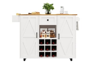 Desserte de cuisine 137,5 x 65 cm blanche en mdf et métal, plateau rabattable, rangement et roulettes