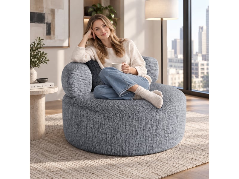  Pouf rond effet chenille gris 100 cm effet chenille avec coussin pour salon et chambre IKSETERA TRADING LTD - Conforama B