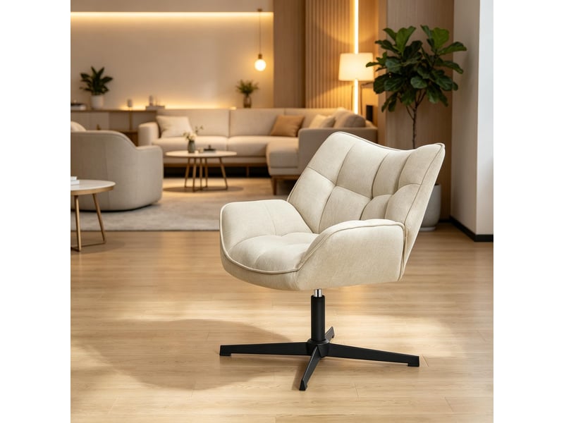  Fauteuil relax pivotant 360° 67 x 68 x 80,5 cm - chaise de salon ergonomique avec coussin épais 15 cm - piètement métal en x - tissu effet lin - beige  - Conforama D