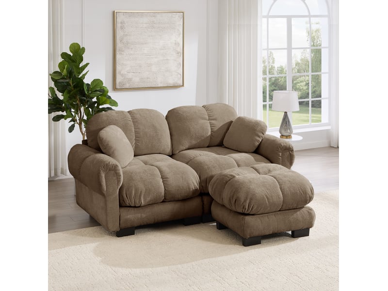 Canapé d’angle modulable 2 places 190*149*90 cm en chenille avec pouf mobile marron chicfurn - Conforama D