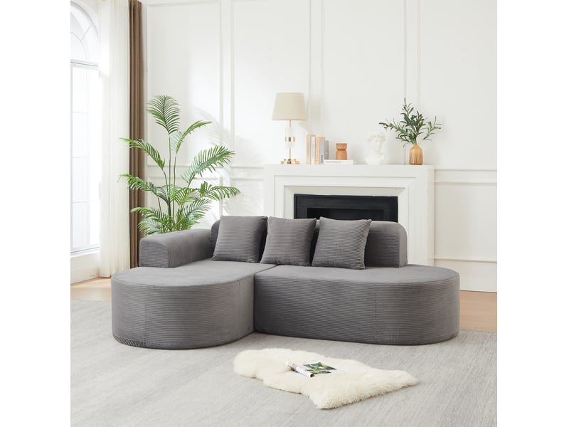 Canapé d'angle modenvie 4 places en velours côtelé gris, méridienne gauche, 220 x 155 x 70 cm, 3 coussins - Conforama D