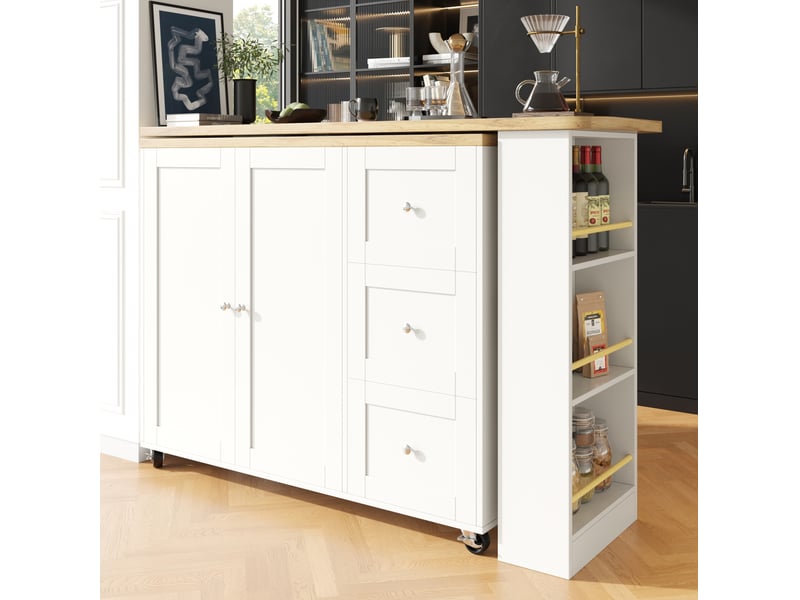  Îlot de cuisine mobile pivotant à 360° avec 3 tiroirs, mdf blanc, 203 cm  - Conforama E