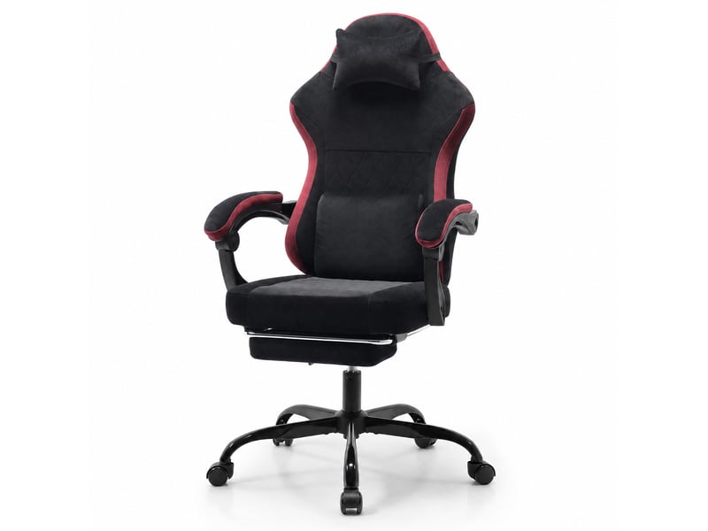  Fauteuil gaming réglable avec repose-pieds, coussins, dossier inclinable, noir et rouge  - Conforama A