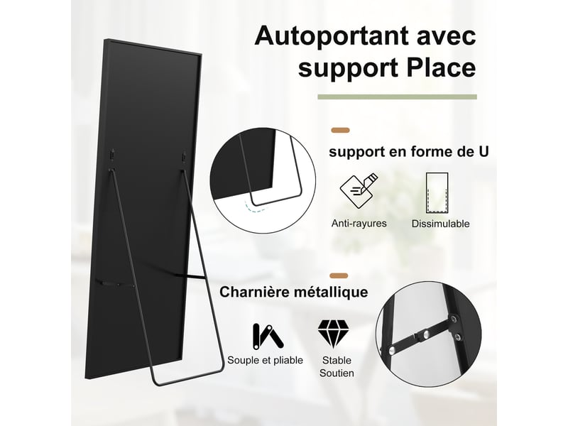  Miroir sur pied 177 x 77cm–miroir carré sur pied-cadre en alliage d’aluminium,idéal pour chambre,dressing,salon–design moderne,noir  - Conforama E