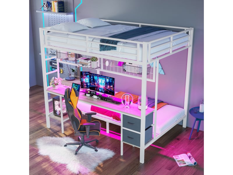  Lit superposé 140x200cm, structure en fer, tiroirs, grille, bureau, avec bande led et port usb, sans matelas, blanc  - Conforama C