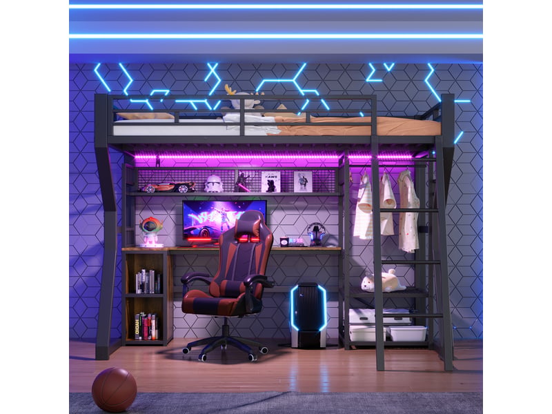  Lit mezzanine 90 × 200 cm 1 place avec bureau, penderie, étagères, prise et led réglable, sans matelas  - Conforama E