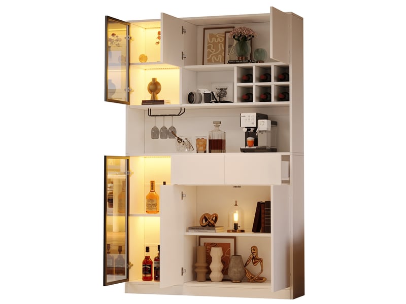 Vitrine avec 6 portes, 2 tiroirs, niches ouvertes et led en panneaux de particules blancs 120 × 33 × 200 cm - Conforama A