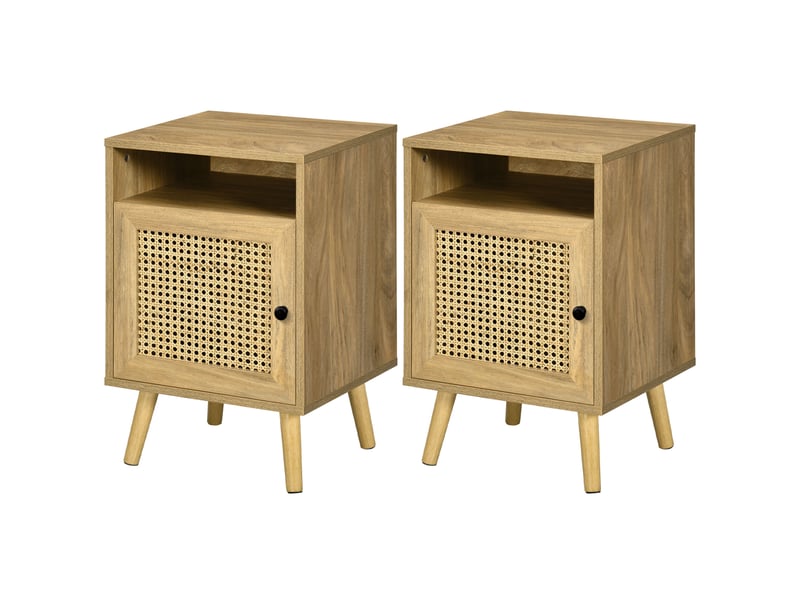  Lot de 2 tables de chevet table de nuit avec placard porte cannage et niche design vintage naturel 39 x 35 x 60 cm  - Conforama B