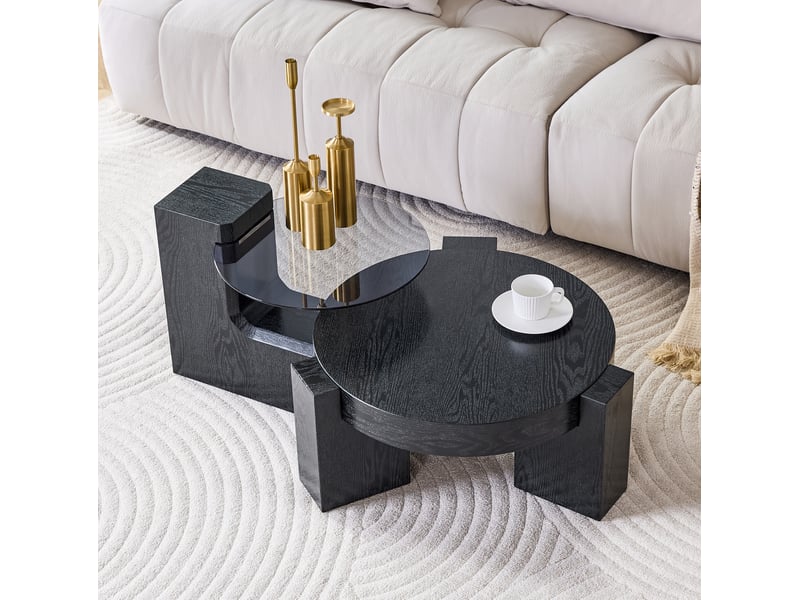  Ensemble de 2 tables basses rondes séparables en mdf et verre gris noir  - Conforama B