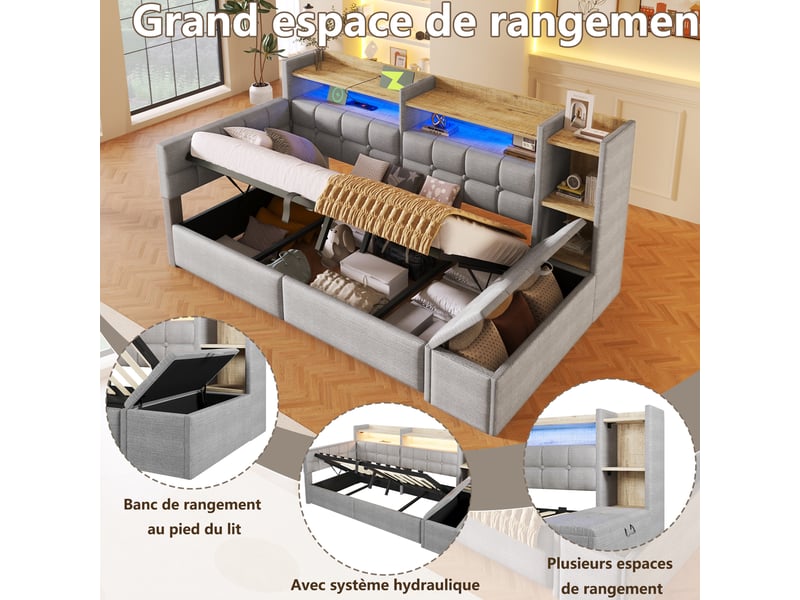  Lit coffre hydraulique 90x200 cm avec led multicolore, usb et usb-c et banc coffre, velours gris, sans matelas  - Conforama E