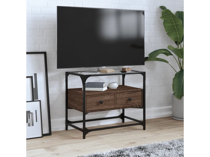 Meuble tv - banc tv - meuble de rangement avec dessus en verre chêne marron bois d'ingénierie  - Conforama B
