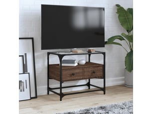 Meuble tv - banc tv - meuble de rangement avec dessus en verre chêne marron bois d'ingénierie