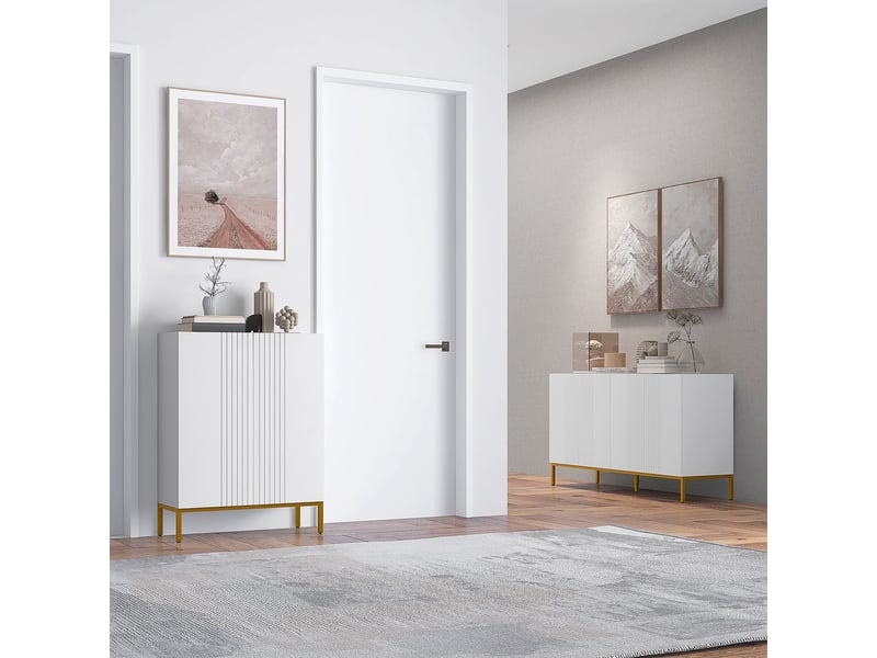 Buffet meuble de rangement blanc et doré - buffet bas 2 portes avec étagères réglables design graphique salon salle à manger T1003-01-09647 - Conforama E