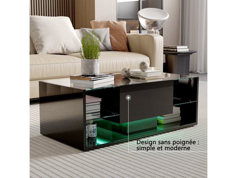  Table basse salon - design flottant avec éclairage led - double rangement et tiroir - plateau verre trempé - noir  - Conforama E