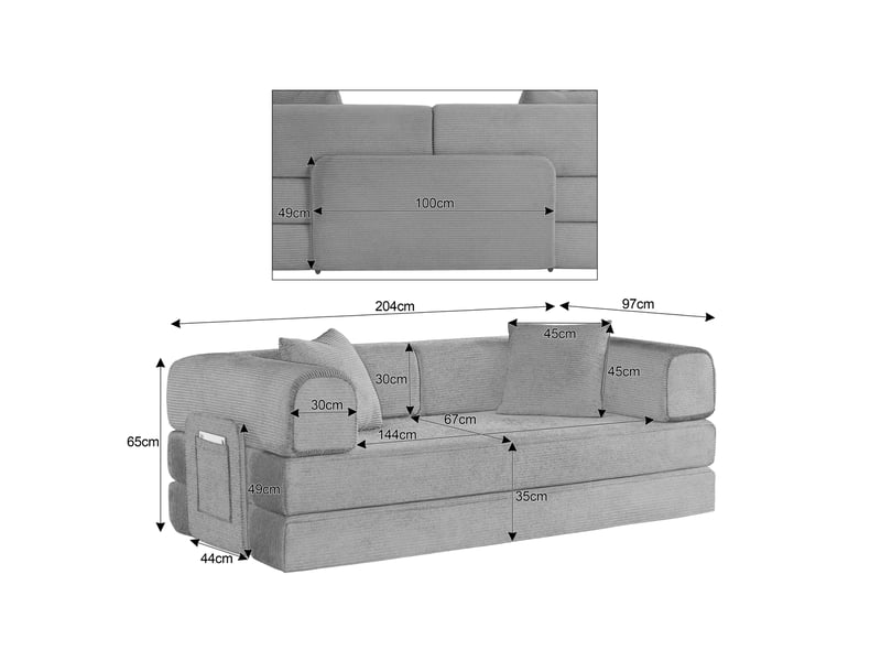 Canapé convertible 3 places vert en velours côtelé, structure acier chromé, 2 coussins, pour salon et nuit - Conforama C