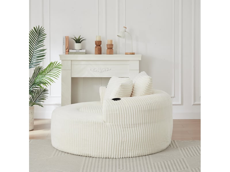  Fauteuil relax rond 1 place en velours côtelé beige avec 3 coussins, porte-gobelets et rangements latéraux  - Conforama E