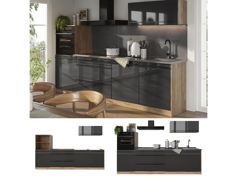 Vicco cuisine, anthracite haute brillancechêne doré, 280cm plan de travail marbre - Conforama D