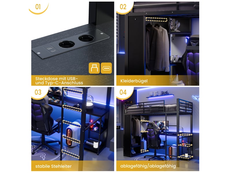  Lit mezzanine enfant 90x200 cm, bureau intégré, led, usb et usb-c, 3 étagères, dressing ouvert, métal noir Radiant Stride - Conforama E