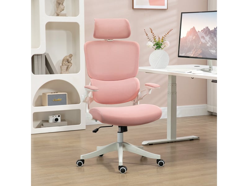 Chaise de bureau en maille rose pivotante, dossier haut avec appuie-tête, 62x58x120-133 cm - Conforama C