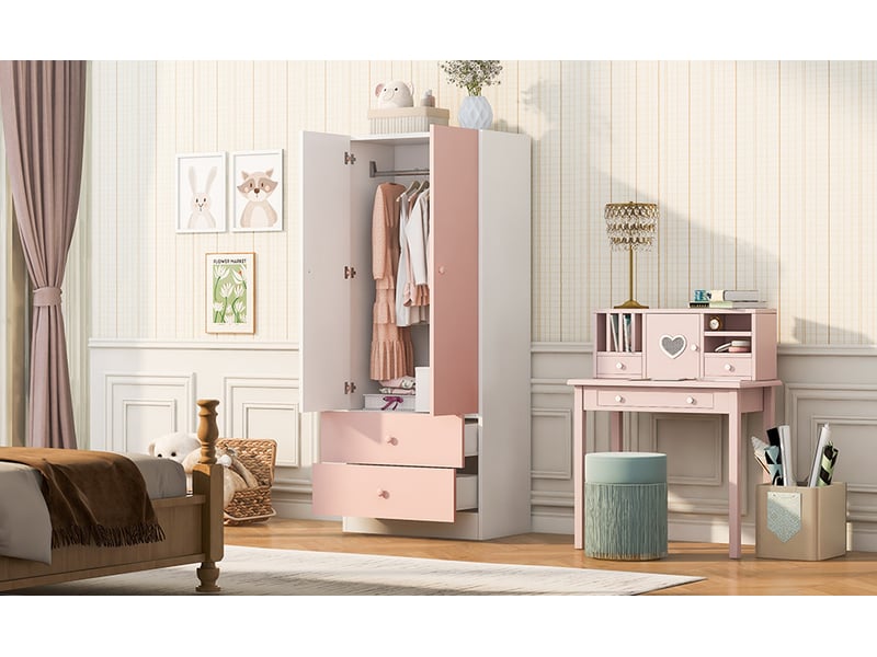  Armoire 2 portes et 2 tiroirs 70x40x170 cm, rose et blanc  - Conforama C