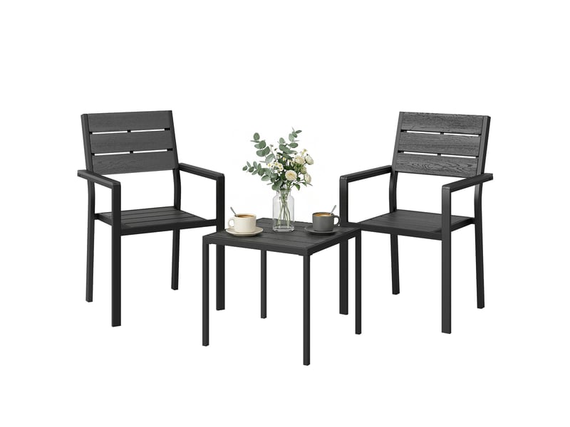  Ensemble de jardin 3 pièces avec 2 chaises et une table en pehd, design à lattes effet bois pour terrasse ou balcon, noir  - Conforama A