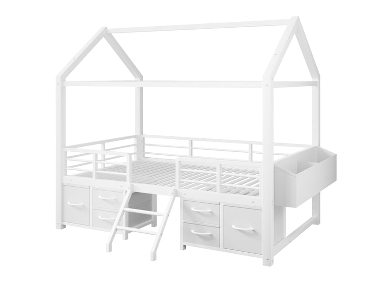 Lit mezzanine enfant 90 x 200 cm blanc, métal et mdf, toit maison avec led et tiroirs de rangement - Conforama D