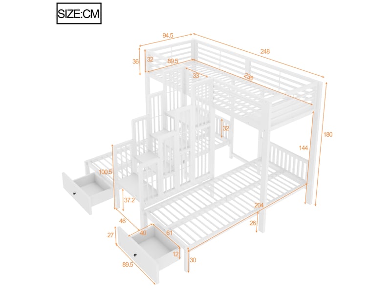 Lit superposé 3 couchages 90x200 cm blanc avec escalier central et 2 tiroirs - Conforama C