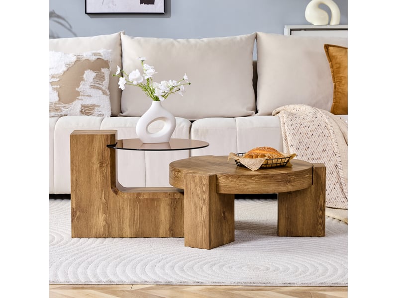  Lot de 2 tables basses rondes séparables ø 61 cm, h 30 cm en mdf et verre brun teinté  - Conforama D