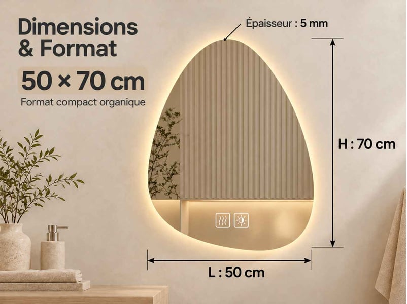  Miroir salle de bain led 50 × 70 cm, forme goutte d'eau avec éclairage 3 couleurs, antibuée et tactile dimmable  - Conforama C