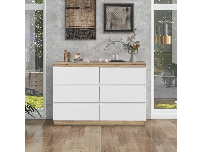  Commode 6 tiroirs 110x40x67,5 cm grand rangement, stabilité, montage facile, panneau de particules, blanc et chêne  - Conforama D