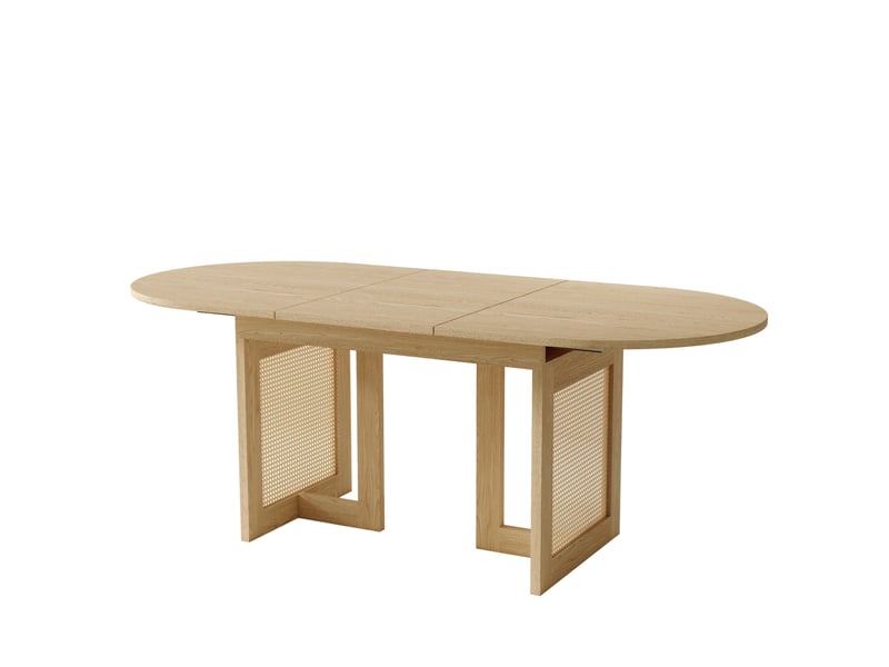 Table extensible avec plateau aux bords arrondis et pieds en rotin pour salle à manger, en mdf, chêne, 200 × 90 × 75 cm - Conforama A